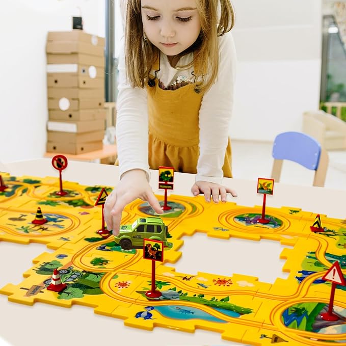 4 Year Old Boy Birthday Gift, Puzzle Racer Kids Car Track Set Puzzle Racer Car Track Set with Roadmap Puzzle Track Car Play Set Toys for 4 Year Old Boys (A-Dinosaur, Set1-25pcs)