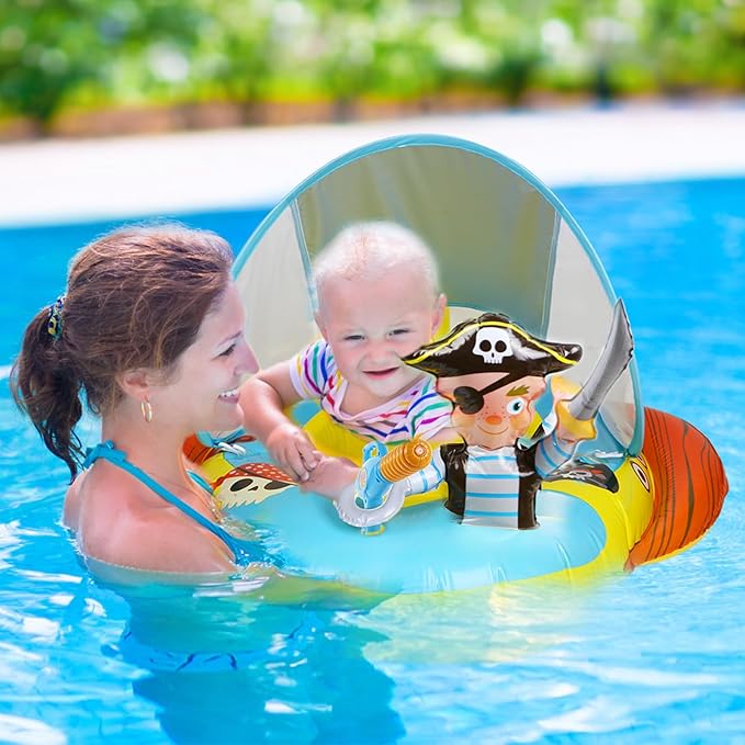 2X Thicken Inflatable Kids Pool Float with UPF 50+ Canopy Detachable,Pirate Ship Floaties with Captain & Water Gun,Swimming Pool Toys for Boys & Girls ,Toddlers ,Babies,Child,Summer Beach Outdoor Play