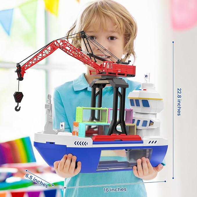 CUTE STONE 2-in-1 Toy Boat & Tower Crane Playset, Cargo Ship with Lights/Sounds | Push-Go Transport Ship & Construction Vehicle Toys, Interactive Carrier Boat for Kids Boys Girls