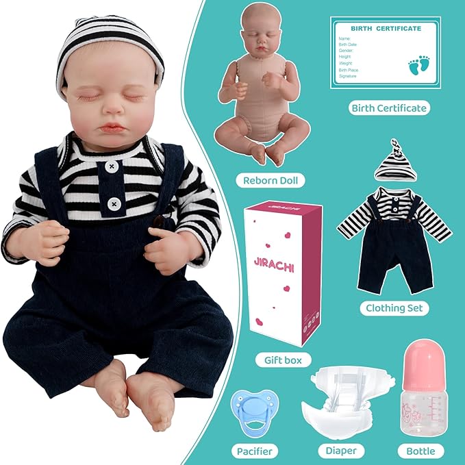 Jirachi Lifelike Reborn Baby Dolls, 18-Inch Soft Body Real Life Sleeping Baby Boy, Cute Realistic Reborn Baby with Feeding Accessories for Kids 3+