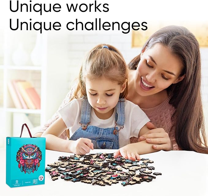 Feather Owl Wooden Jigsaw Puzzle for Adult and Kids 200 Pcs Unique Shape Wood Multicolor Beautiful Box Fun Challenge Brain Teaser Family Game Creative Gift for Friends Rompecabezas Madera