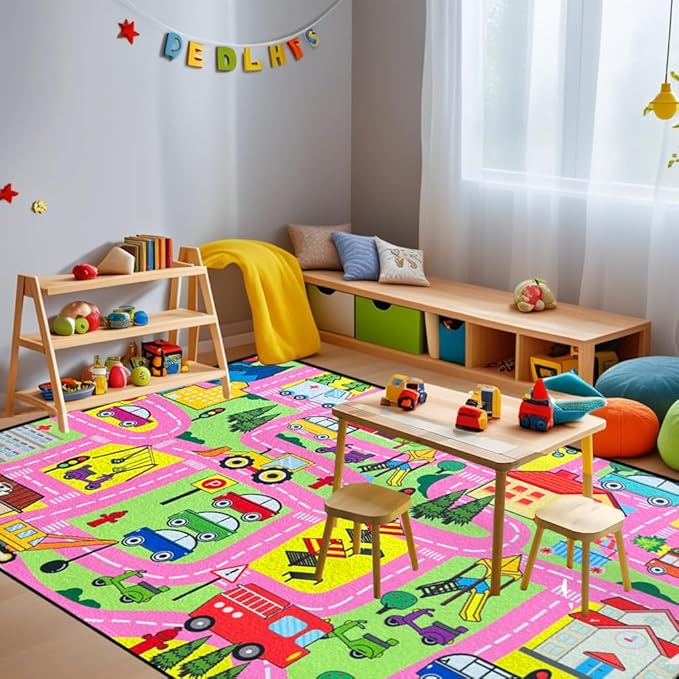 Car Track Rug - Car Rugs for Kids Toy Cars City Life Road Rug Large Kids Play Mat Car Carpet for Boys Girls Playroom Living Room Bedroom Classroom, 5'×7'