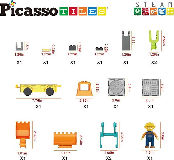 PicassoTiles Magnet Tiles Building Block 2-in-1 Excavator & Backhoe Brick Compatible Construction Playset with Car Base Magnetic Character Action Figure STEM Educational Learning Toy Kit Age 3+ PTU04
