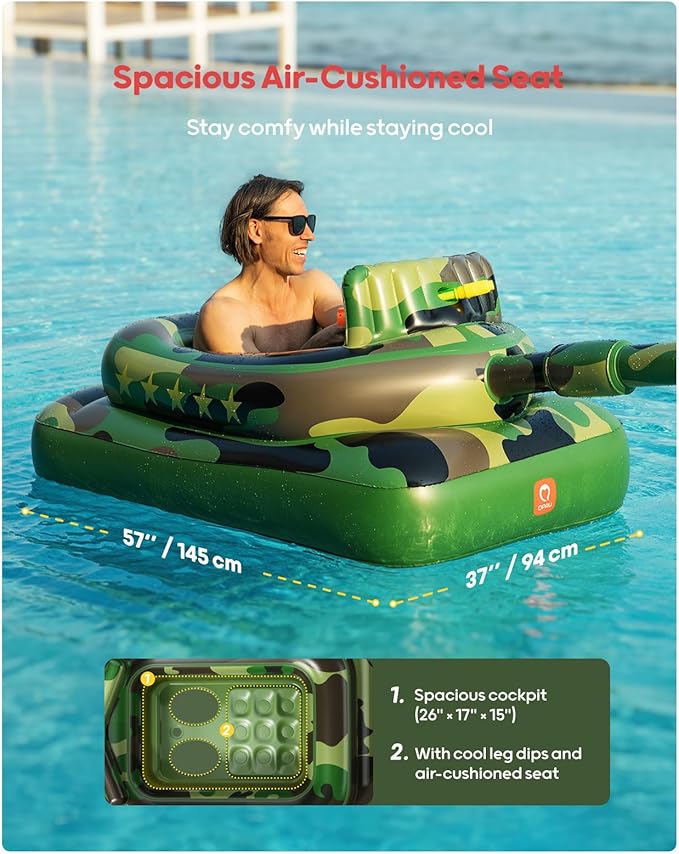 QPAU Inflatable Tank Pool Float for Adults & Kids – Ride-On Camouflage Floaty with Water Cannon, Swim Raft Toy for Boys Girls Ages 6+, Lake Beach Backyard Party Floaties