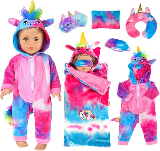 ebuddy 18 inch Doll Clothes-Unicorn Doll Costume Colorful Tie-Dyed Pajamas Sleeping Bag Set for 18 inch Girl Doll,Most 18 Inch Dolls(No Doll)
