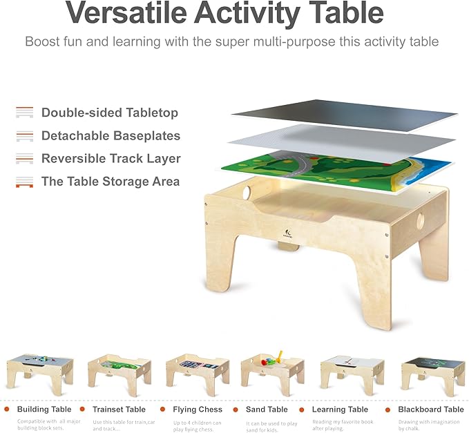 Kid's Multi-Purpose Activity Play Table with 60 Big Building Bricks and 30-Piece Wooden Train Set for Toddlers(Big-peg Baseplate Version)