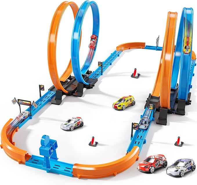 Car Race Track Sets for Kids 3 4 5 6 7 8 9 Years Old - Toy Car Track Set for Boys 3-5 6-8 8-12, Racing Game with 4 Small Cars, Boys Toy, Gifts for Boys Girls 3-8