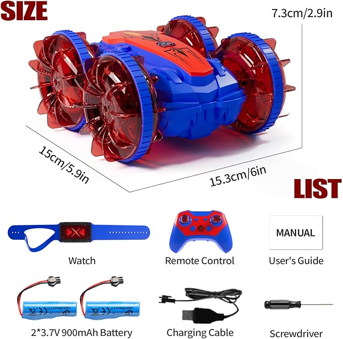 Remote Control Amphibious Gesture RC Boat Car - 4WD Waterproof Stunt Vehicle With LED Lights, Water Beach Pool Toys for Kids Ages 4-12 - Gifts for Boys Girls (Blue&Red)