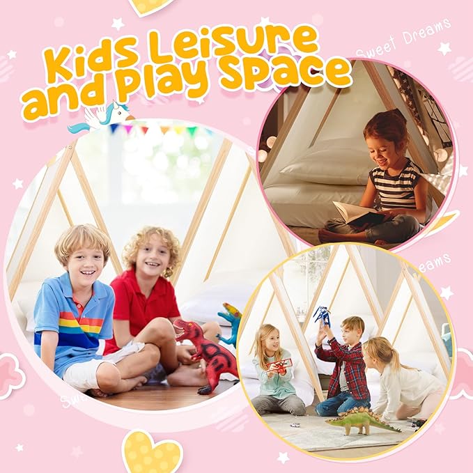 Teepee Tent for Kids with Inflatable Airbed, Fitted Sheet and Pillow Inserts Toddler Play Tent White Washable Foldable for Indoor Outdoor Boys Girls Slumber Party Sleepover Playhouse(4 Sets)