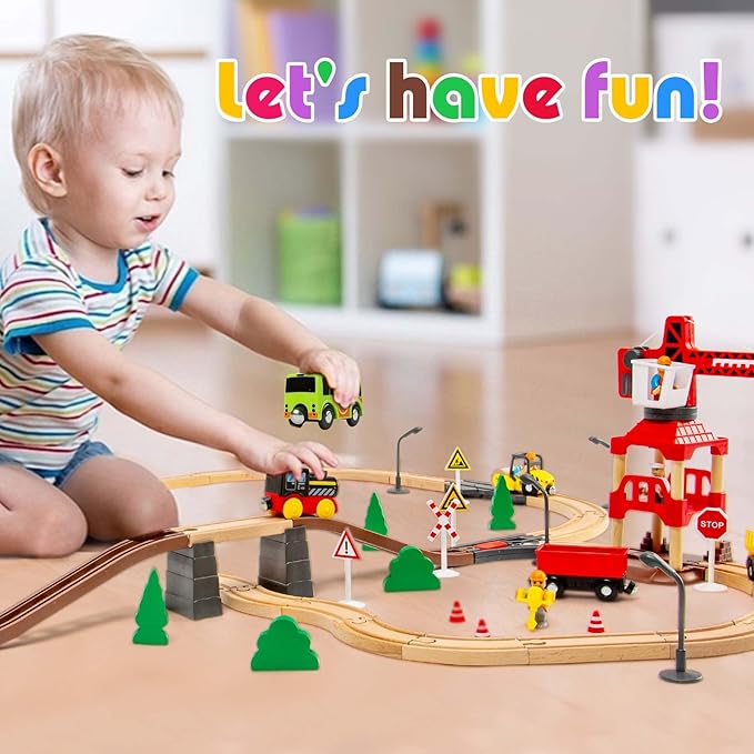 86pcs Wooden Train Set with Crane, Wooden Train Track Set Railway Kits Fits Thomas Brio IKEA Melissa and Doug, Christmas Train Toys for Kids & Toddlers 3-5 Years Old Boys and Girls