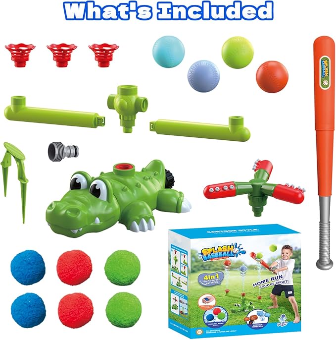4-in-1 Kids Water Sprinklers T Ball Set & Water Ball Toy, Crocodile Baseball Sprinkler for Backyard Outdoor Summer Toys for Boys Girls Outside Yard Water Game Toys for Kids Toddlers Ages 3-8