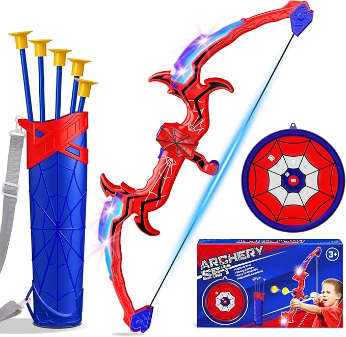 Outdoor Toys for Ages 3-5 Boys, Spider Bow and Arrow for Kids 3-7 Archery Set with LED Lights Target Toys for Boys 3 4 5 6 Bow Arrow Shooting Outdoor Games for Kids Ages 5-8 Girls Gifts