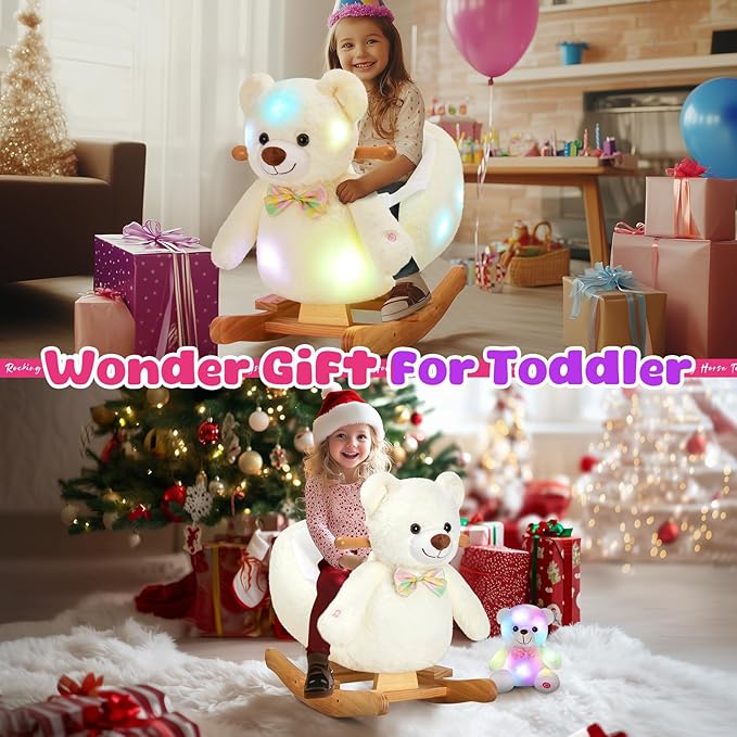 Glow Guards White Polar Bear Rocking Horse with Chair Muical Light up Bear Stuffed Animal for Ages 1-3 Toddlers Kids Babies Ride Toy Birthday Christmas