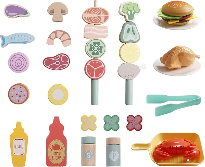 Wooden Play Barbecue Toy Grill, Kids BBQ Playset with Toy Food and Grilling Tools, Cooking Interactive Toys Christmas Birthday Gift for Toddlers Girls Boys 3-6