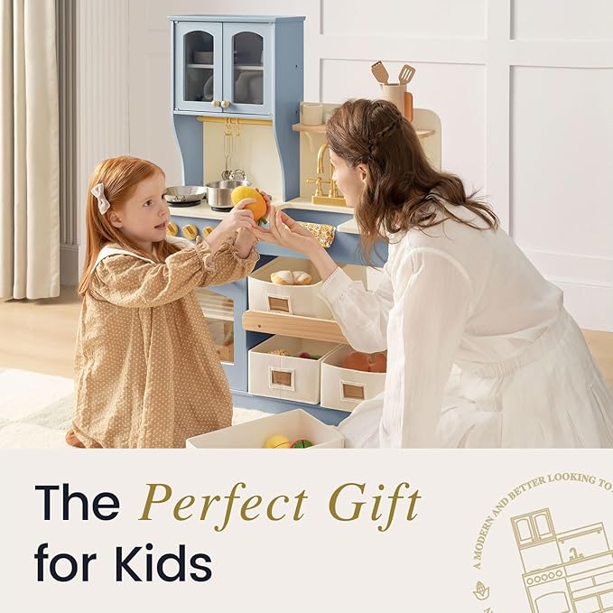 Tiny Land Wooden Play Kitchen Set - Toy Storage System, Plenty of Play Features, Ages 3+ (Blue)