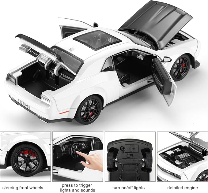 SASBSC Hellcat Toy Cars for Boys Age 3-12 1:24 Challenger Diecast Car Toys Metal Car Model with Light & Sound Collectable Muscle Super Cars for Kids (White)