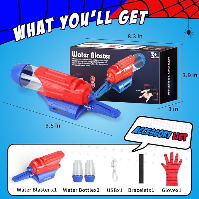 Spider Water Gun for Kids: Spider Web Shooter Automatic Water Blaster for Kids, Electric Wrist-Mounted Superhero Squirt Toy, Superhero Role-Play Toy for Outdoor Summer Fun, Blue