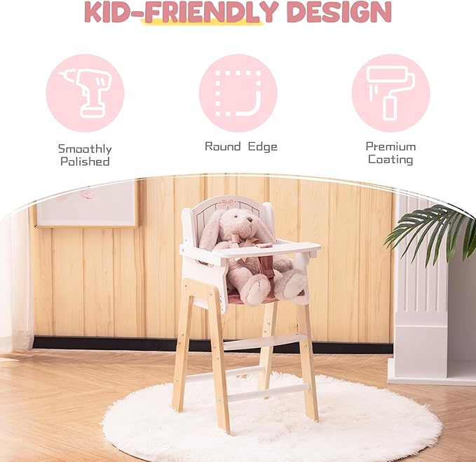 ROBOTIME Wooden Baby Doll High Chair, Pink Wooden Baby Doll Chair for 18 Inch Dolls, Pretend Play High Chair Baby Doll Accessories, Small