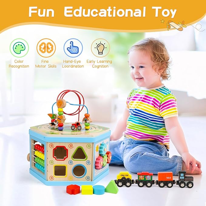 Wooden Activity Cube 9-in-1 Montessori Toys for 1+ Year Old Boys Girls Educational Learning Toys for Toddlers Age 1-2 One Year Old First Birthday Gift Bead Maze Magnetic Trains Track Shape Sorter