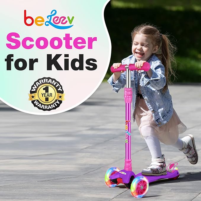BELEEV A2 Scooters for Kids 3 Wheel Kick Scooter for Toddlers Girls Boys, 4 Adjustable Height, Lean to Steer, Light up Wheels, Extra-Wide Board, Easy to Assemble for Children Gift Sport Toys Ages 3-12