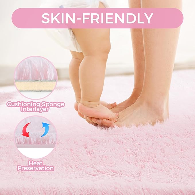 Fluffy Cute Rug for Living Bedroom, Pink Fluffy Soft Plush Area Rugs for Girls Bedroom, Fuzzy Nursery Rug for Baby's Toddler's,Clorful Room Decor for Teenage, Easy-Cleaning, Non Shedding, 3X4