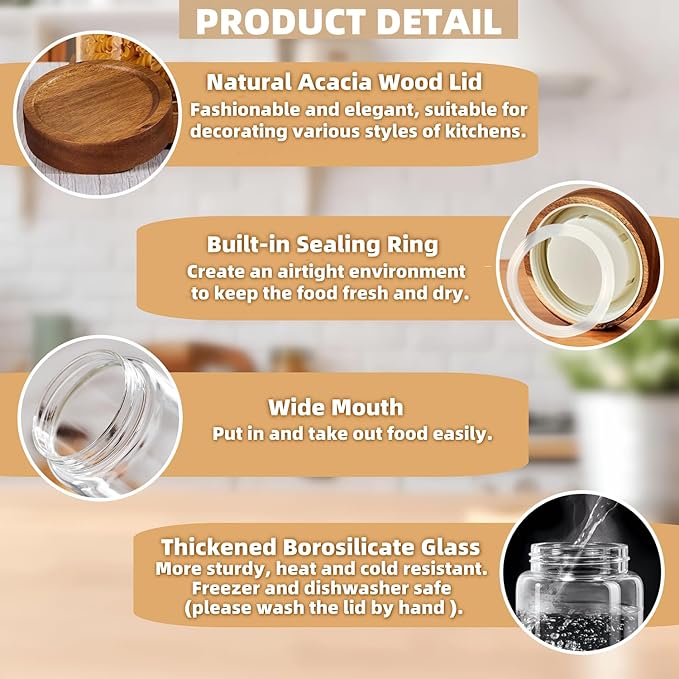 28 Fl oz/850 ml Glass Food Storage Jar, Premium Clear Glass Container Jar with Airtight Wooden Screw Lid, Kitchen Canisters for Coffee,Tea,Pasta,Cookies, Nuts,Spice,Candy,Overnight Oatmeal(Medium)