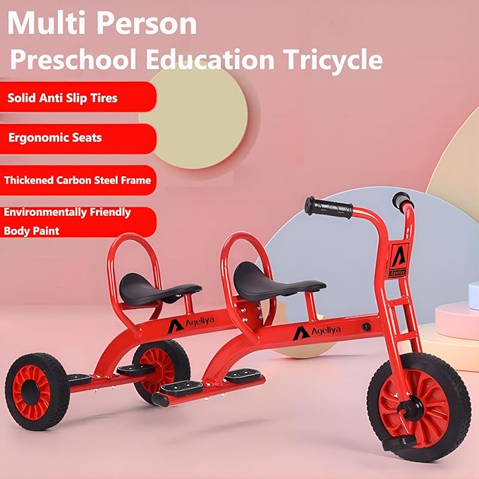 Kids Tricycles for Preschoolers Ages 3+, Ideal Outdoor Playground & Daycare Yard Trike with Passenger Seat, Durable Metal Pedal Kids Tandem Tricycles, Sturdy Carbon Steel Frame, Solid Rubber Tires