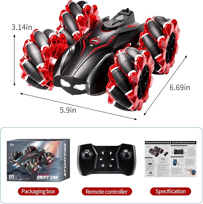 RC Gesture Sensing Stunt Car,2.4GHz 4WD Remote Control Car with Cool Light,Double Sided Rotating Off Road Vehicle 360° Flips Cars for 6-12 Year Old Boys Girls Birthday Presents (Red)