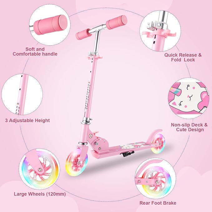 Scooter for Kids Ages 3-12 - Kids Kick Scooters with Led Light Up Wheels & 3 Levels Adjustable Handlebar, Lightweight Foldable 2 Wheel Girly Pink Scooter Christmas Birthday for Girls Boys.