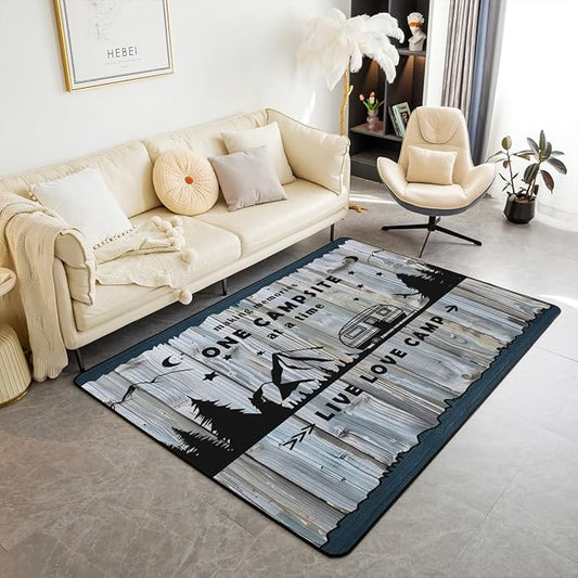 Erosebridal Happy Camping Area Rug 5x7 RV Campsite Rug for Teens Retro Wooden Board Rustic Mountain Carpet Blue Black Live Love Camp Cabin Bedroom Non Slip Decorative Rug