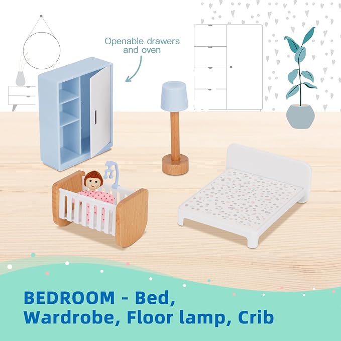 Wooden Dollhouse Furniture Set for Kids, 26 Pcs Dollhouse Accessories with 4 Family Dolls and Dog, Miniature Doll House Furniture Toys Pretend Play Set for G irls Boys Age 3+