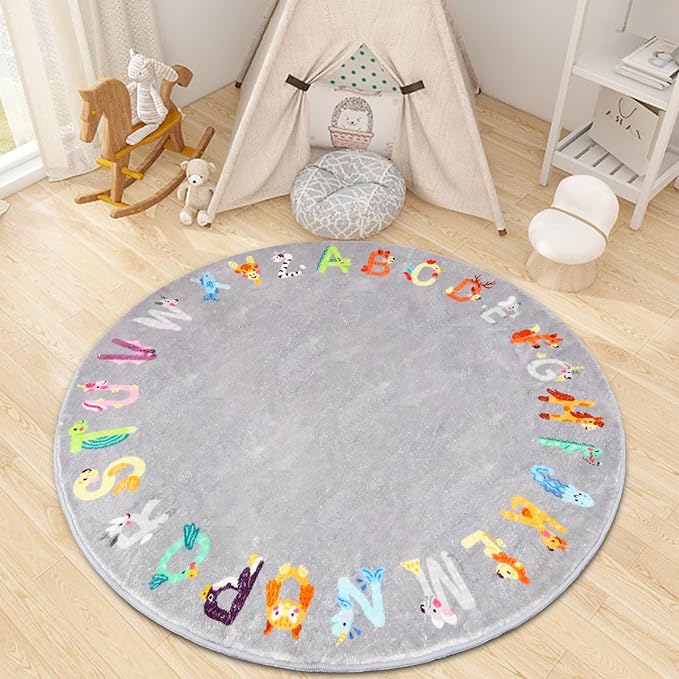 Round ABC Kids Rug,5.2 ft Animal Alphabet Playroom Rug,Washable Non-Slip Cute Nursery Rug for Kids Room,Educational Kids Play Rug Classroom Carpet for Playroom Kids Room Bedroom Decor