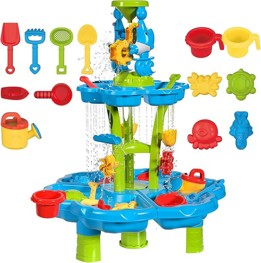 deAO Sand and Water Table Beach Toys Outdoor Activities Play Table for Kids Sand Pit Water Table Children Garden Toy Beach Play Activity Set Indoor Outdoor Summer Toys for Girls Boys Kids