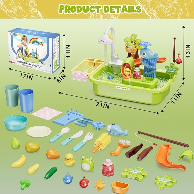 3 in 1 Play Sink with Running Water, Play Kitchen Sink Toy with Electric Faucet/Play Food/Pool Toys/Fishing Game, Pretend Play Water Table for Toddlers 3-5, Water Toys for Kids Ages 4-8