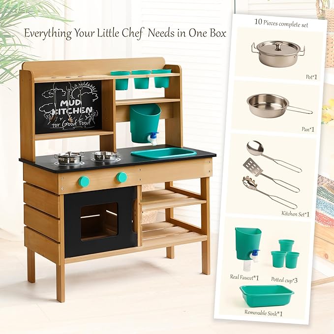 Mud Kitchen for Kids Outdoor – Wooden Pretend Play Kitchen Set with Realistic Stove, Sink & Gardening Tools | Montessori Learning Playset Toy for Toddler Ages 3+