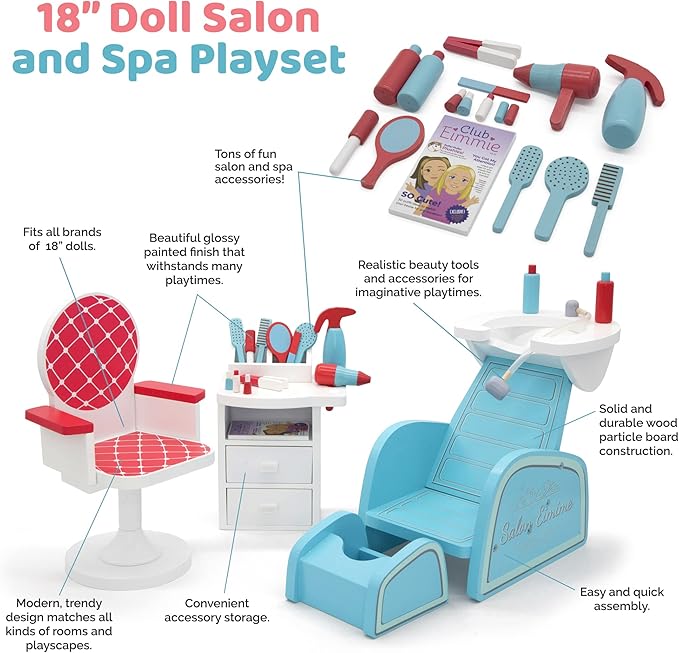 Playtime by Eimmie 18 Inch Doll Furniture Salon & Nail Set – Wooden Playset with Hair Styling Accessories, Fits American, Generation, My Life & Similar 14”-18” Dolls