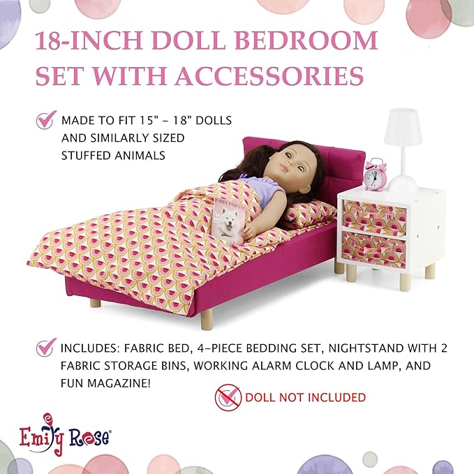Emily Rose 18" Pink Fabric Bed Bedroom Set with Bedding, Nightstand, Clothes Storage Bins, Working Lamp & Alarm Clock | 14-18 inch Doll Wooden Furniture Gift Set for Little Girls Kids