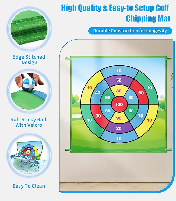 Golf Chipping Game Mat: 70"x70" Double-Sided 2in1 Golf Hitting Mat, Golf Chip and Practice Set with Stick Ball&Dart for Backyard Indoor Outdoor Family Battle Game, Christmas Ideal Gift for Kids Adults
