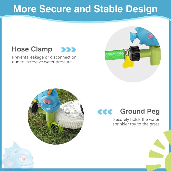 MoKo Water Sprinkler for Kids, Piranha Toddler Outdoor Toys with 4 Wiggle Tubes and Hose Clamp, Outdoor Play Toys Spray Up to 8ft, Summer Water Toys Sprinklers for Yard Lawn Garden Pool, Blue