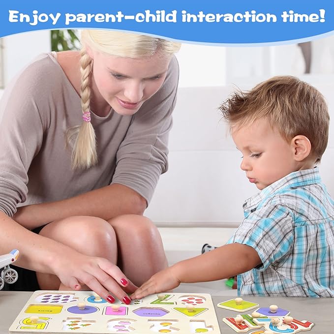 Chivao 8 Set Wooden Peg Puzzles for Toddlers 2-4 Years Alphabet Number Animal Vehicles Puzzles Board for Kids Educational Learning Toys for Children Babies Boys Girls(Lovely)