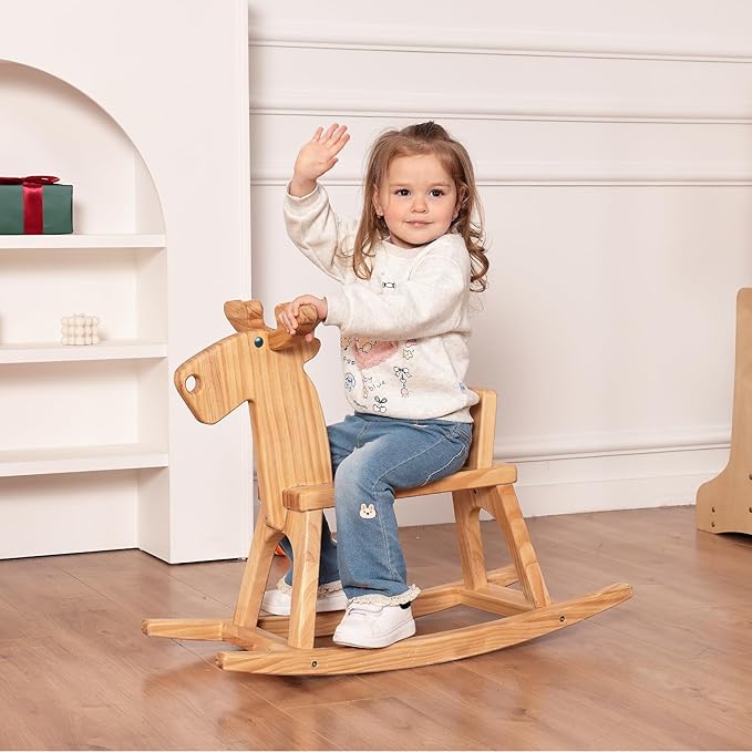 Kid Wooden Rocking Horse, Baby Ride On Toy Rocker for Toddler, Rocking Reindeer w/backrest Ideal Birthday Christmas/Birthday Gift for Boys & Girls (Natural)