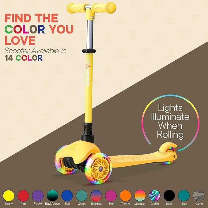 Yellow Mini 3 Wheel Scooter for Kids – Lean-to-Steer with LED Light-Up Wheels, Adjustable Handlebar, Wide Anti-Slip Deck, Smooth PU Wheels, Rear Foot Brake – Toddler Scooter for Ages 2+