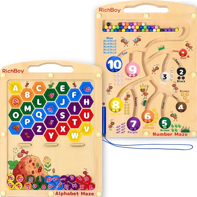RichBoy Magnetic Maze for 3-5 Year Old, 2-in-1 Magnetic Color and Number Maze, Double-Sided Wooden Busy Board Fine Motor Skills Montessori Toys, Portable Travel Puzzle Game Toddlers Toys
