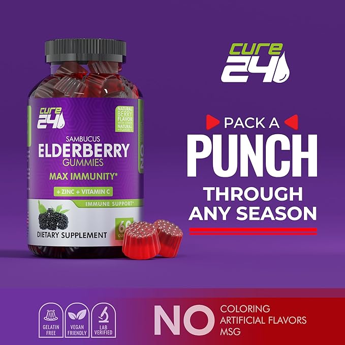 Sambucus Elderberry Gummies + Vitamin C + Zinc for Kids & Adults, X3 Immune Support, Natural Flavors + Ingredients, Vegan, Non-GMO, Made in USA (60)
