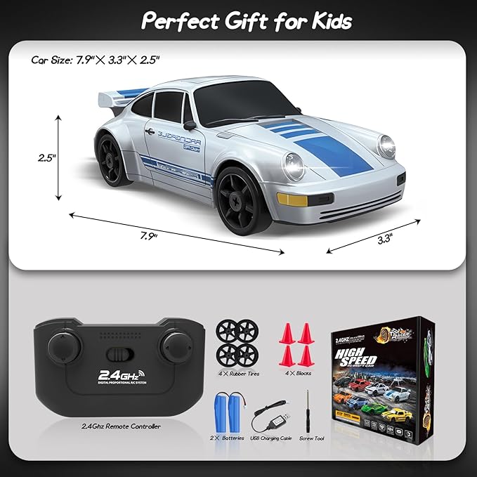 RC Drift Car, 2.4GHz Remote Control Car with LED Light, 1/24 4WD High Speed Drifting RC Cars with Two Rechargeable Batteries and Drift Tires, Toy Cars for Kids Adults, Silver