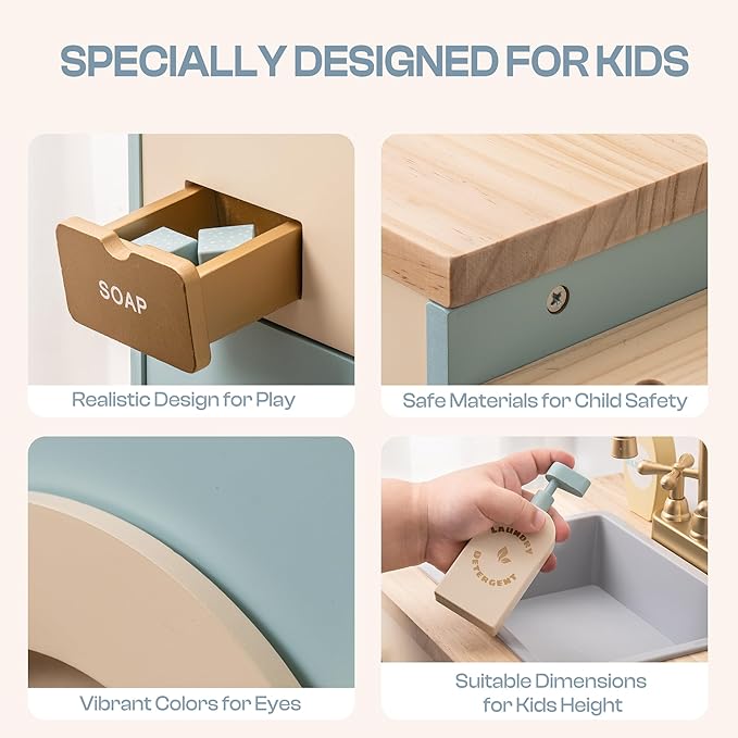 ROBOTIME Toy Kitchen Washer Playset, Wooden Toy Washing Machine for Kids with Clothes Basket, Iron and Sink, Pretend Toddlers Kitchen Toy with Accessories for Ages 3+