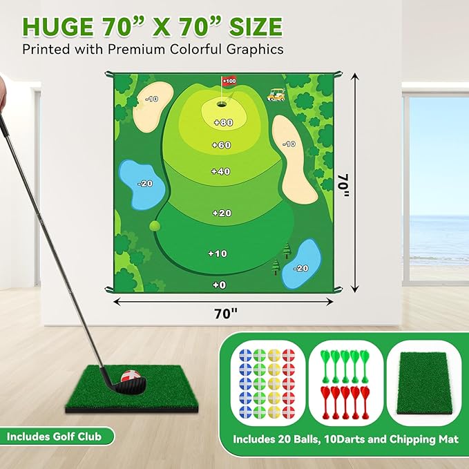 Golf Game Golf Chipping Game: Double Sided Golf Games for Kids Adults, Indoor/Outdoor Golf Games Practice Hitting Mat with 20 Sticky Balls & 10 Darts, Christmas Ideal Gifts for Men Boys Girls