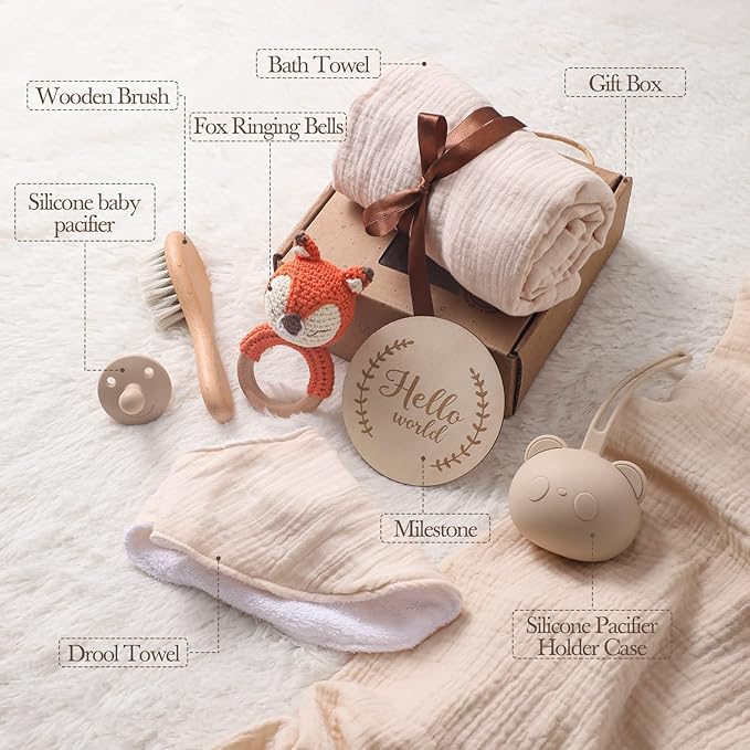 Baby Gift Set for Newborn, New Baby Bath Gift Set 7 Pcs, Baby Essentials Shower Set with Bath Towel+Teether+Rattle Toy+Pacifier Bag+Drool Towel+Brush+Wooden Milestone for Boy & Girls