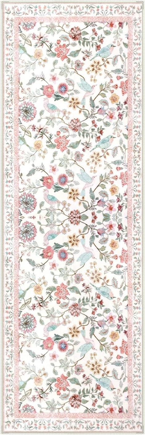 Floral Washable Runner Rug, 2x6 Pink Rug Runners for Hallways Non-Slip, Soft Low Pile Flower Birds Bathroom Runner Rug Botanical Throw Carpet for Kitchen Laundry Entryway Porch