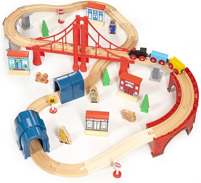 inc. Giant 60 pc Wooden Train Set - Complete Toy Railway w/Tracks, Engine, Cars, Bridges, Stations, People, Signs. Genuine Hardwood, Compatible with All Major Brand Accessories
